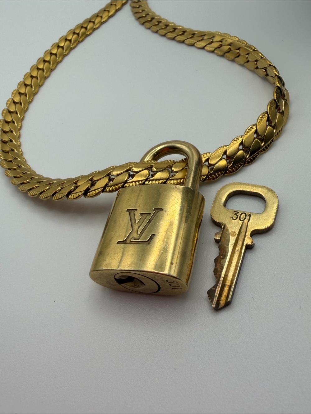 Authentic Louis Vuitton Padlock & Key #301  on Gold Tone Stainless Steel Chain